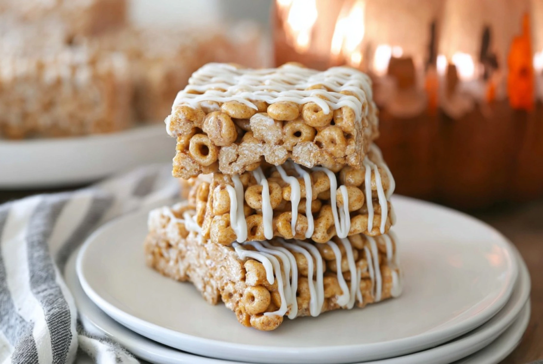 Butterscotch Pumpkin Cheerio Treat Bars with White Chocolate Drizzle – Easy Fall Dessert