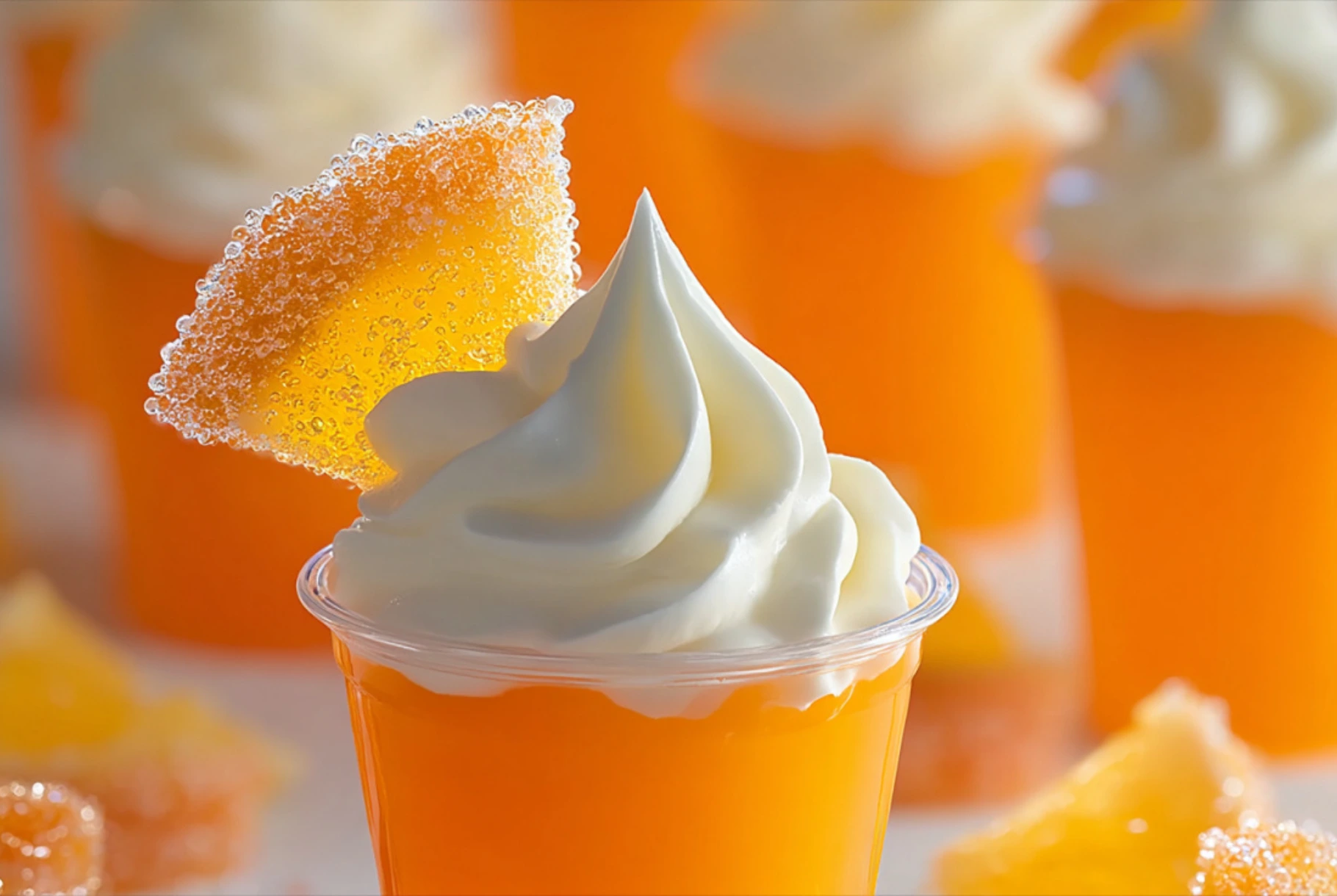 Keto Orange Jello Shots with Whipped Cream and Sugar-Free Candy Garnish