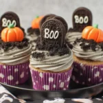 Halloween cupcakes decorated with Oreo tombstones, pumpkin toppers, and chocolate cookie crumbs.