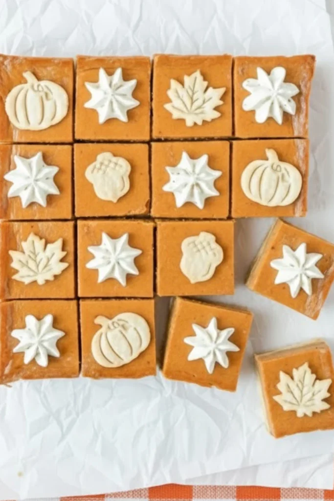 Pumpkin pie bars with shortbread crust and creamy filling topped with whipped cream and fall-themed cookie decorations on parchment paper.