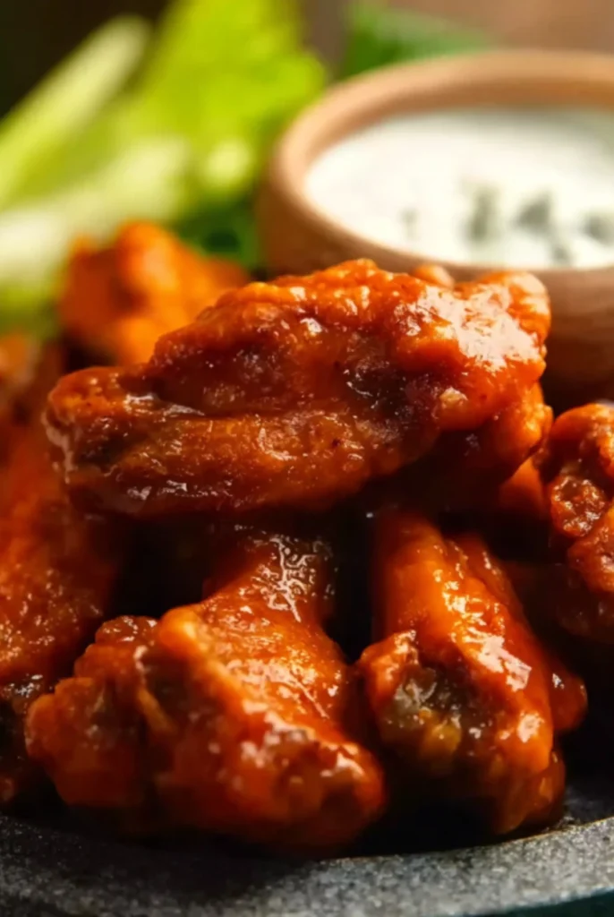 Close-Up of Crispy Baked Buffalo Wings with Dipping Sauce