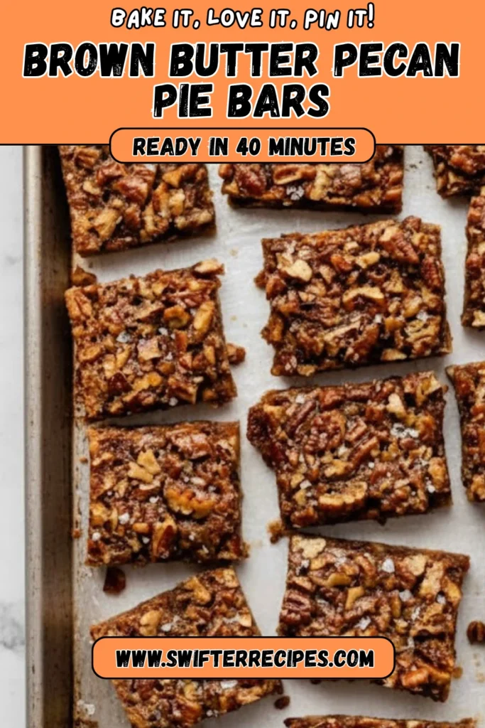 Homemade brown butter pecan pie bars on a baking tray with text overlay that reads “Ready in 40 Minutes” from Swifter Recipes.