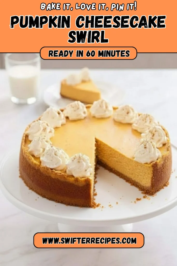 Pumpkin Cheesecake Swirl topped with whipped cream on a cake stand with a cozy fall banner reading ready in 60 minutes