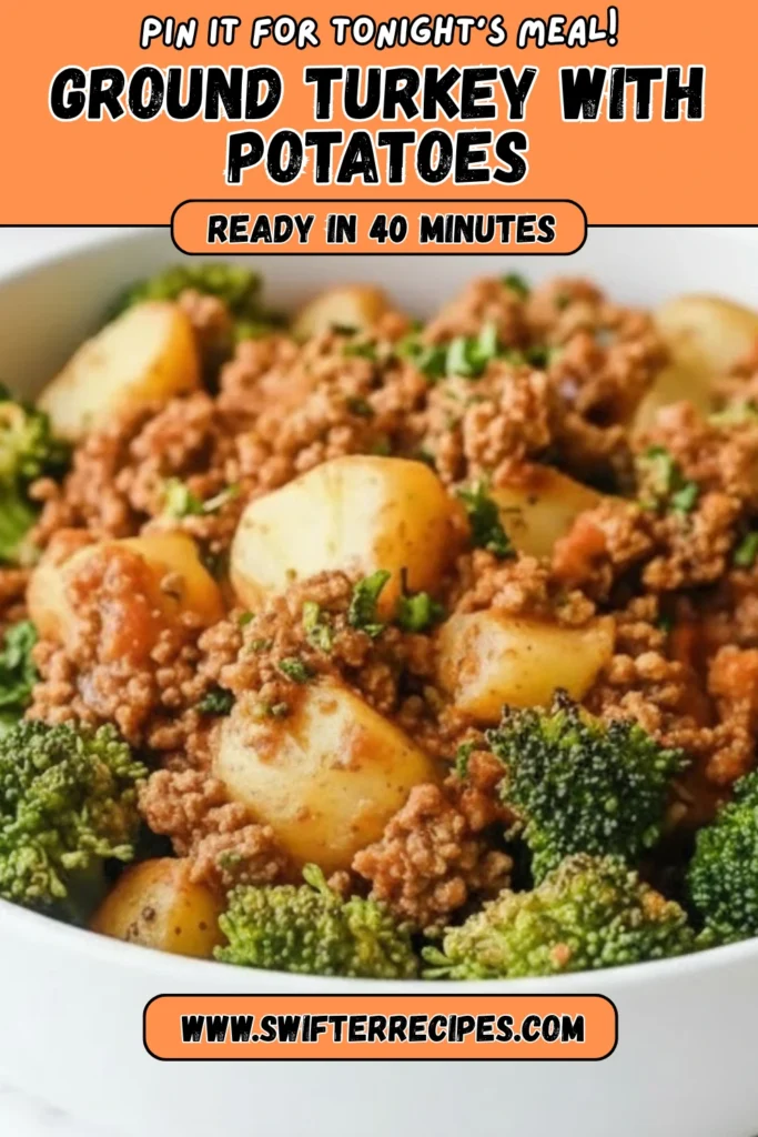 Ground turkey with potatoes in a creamy tomato sauce served with broccoli, a quick 40-minute dinner recipe for busy weeknights.