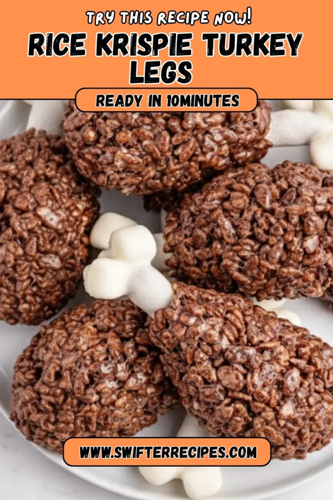 Close-up of Rice Krispie Turkey Legs made with Cocoa Krispies, pretzel rods, and marshmallows, a quick 10-minute Thanksgiving dessert idea.