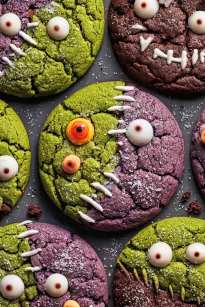 Vegan Halloween Cookies with matcha green, cocoa brown, and ube purple dough decorated with googly eyes and spooky stitches