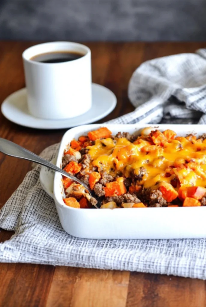 Sausage, Apple & Sweet Potato Bake with cheddar cheese, served with a cup of coffee
