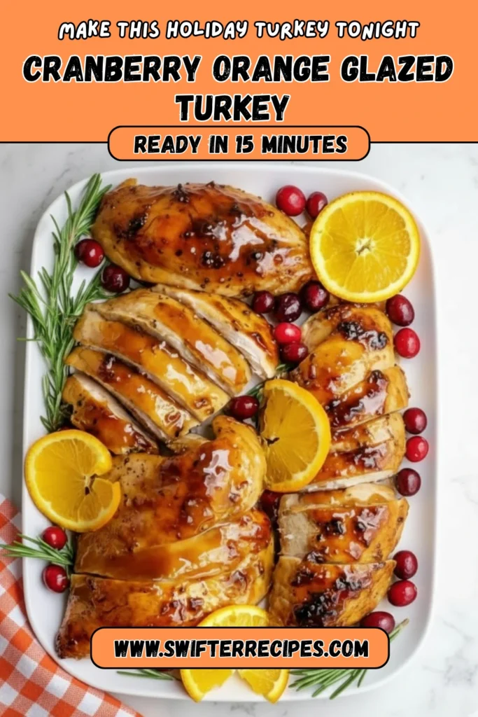 Cranberry Orange Glazed Turkey with glossy citrus glaze, cranberries, and orange slices on a white platter. Text overlay says “Make This Holiday Turkey Tonight Ready in 15 Minutes.”