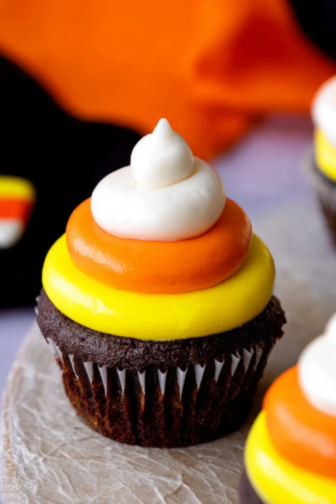 Close-up of a chocolate cupcake topped with three vibrant layers of candy corn-inspired frosting—yellow, orange, and white—perfect for Halloween.