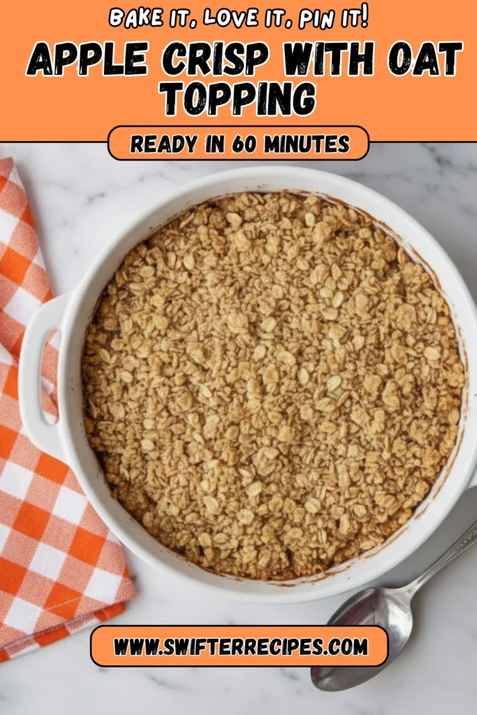 Old fashioned easy apple crisp with oat topping in a white baking dish beside an orange checkered towel, ready in 60 minutes