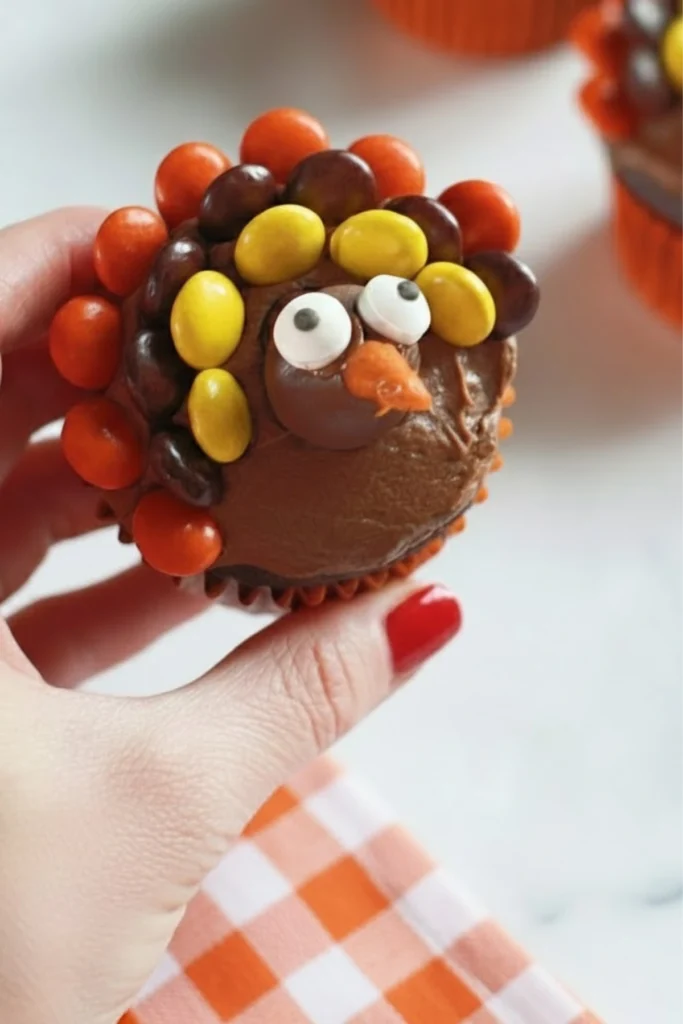 Thanksgiving Turkey Cupcake Decorated with Colorful Candy Feathers