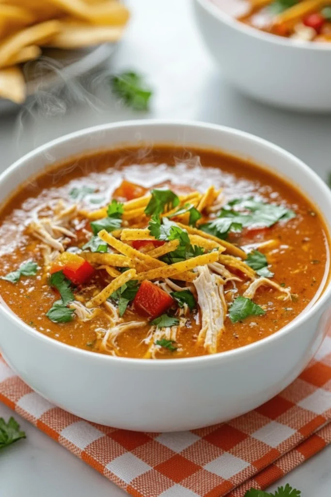 Close-up of Roasted Pepper and Chicken Tortilla Soup topped with crispy tortilla strips, fresh cilantro, and diced red peppers.