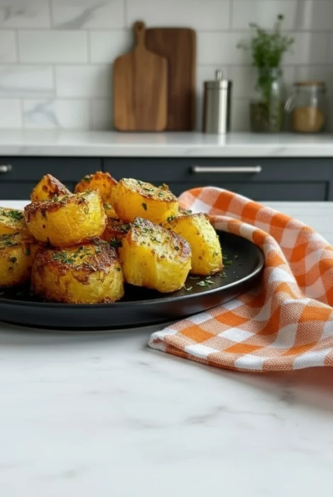 Crispy Air Fryer Potatoes on Black Plate with Fresh Parsley
