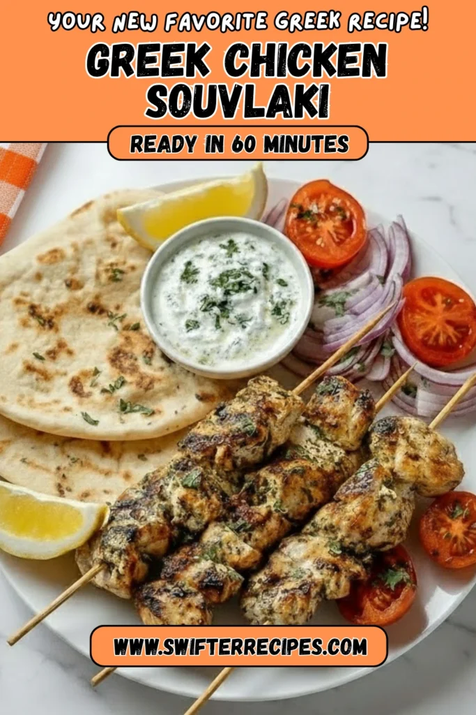 Greek Chicken Souvlaki skewers served with pita bread, tzatziki sauce, lemon wedges, red onions, and fresh tomatoes on a white plate