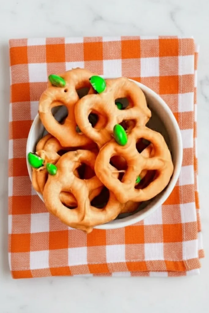 Bowl of Pumpkin Pretzels coated in orange candy melts with green M&M stems on an orange gingham napkin, festive fall snack idea for Halloween.