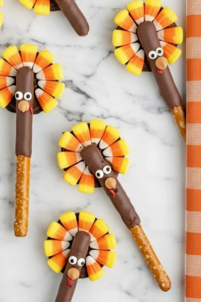Thanksgiving turkey pretzel rods with candy corn feathers and chocolate coating on marble background