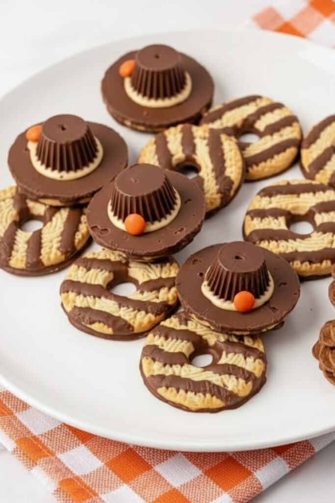 Pilgrim Hat Cookies made with fudge-striped cookies and peanut butter cups topped with mini orange M&Ms on a white plate with a fall napkin.