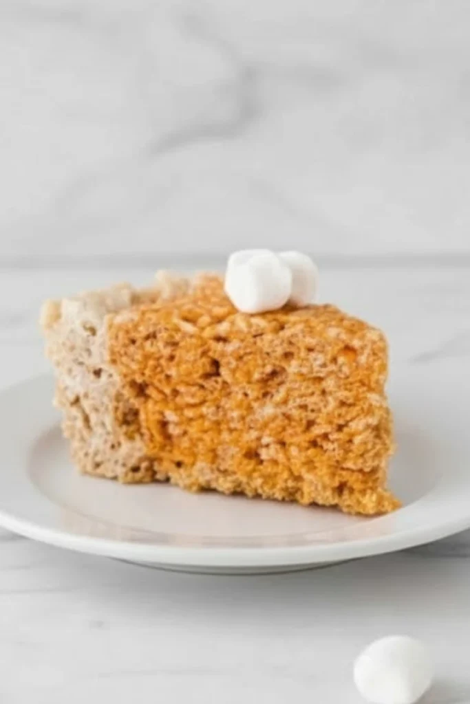 Slice of Thanksgiving Rice Krispies treat pie topped with mini marshmallows on a white plate