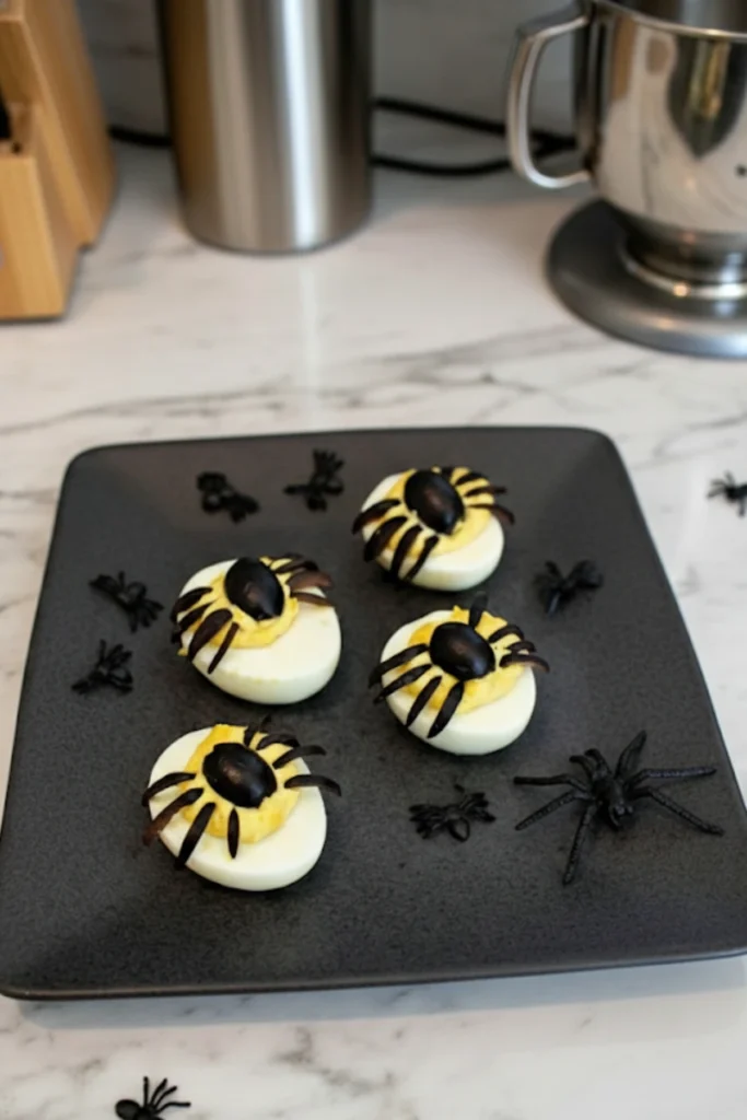Keto Halloween deviled eggs decorated with black olive spiders on a dark plate, festive spooky appetizer for Halloween parties.