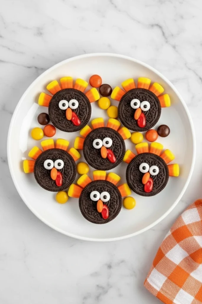 Oreo Turkey Cookies decorated with candy corn, candy eyes, and Reeseās Pieces on a white plate, a fun no-bake Thanksgiving dessert idea.