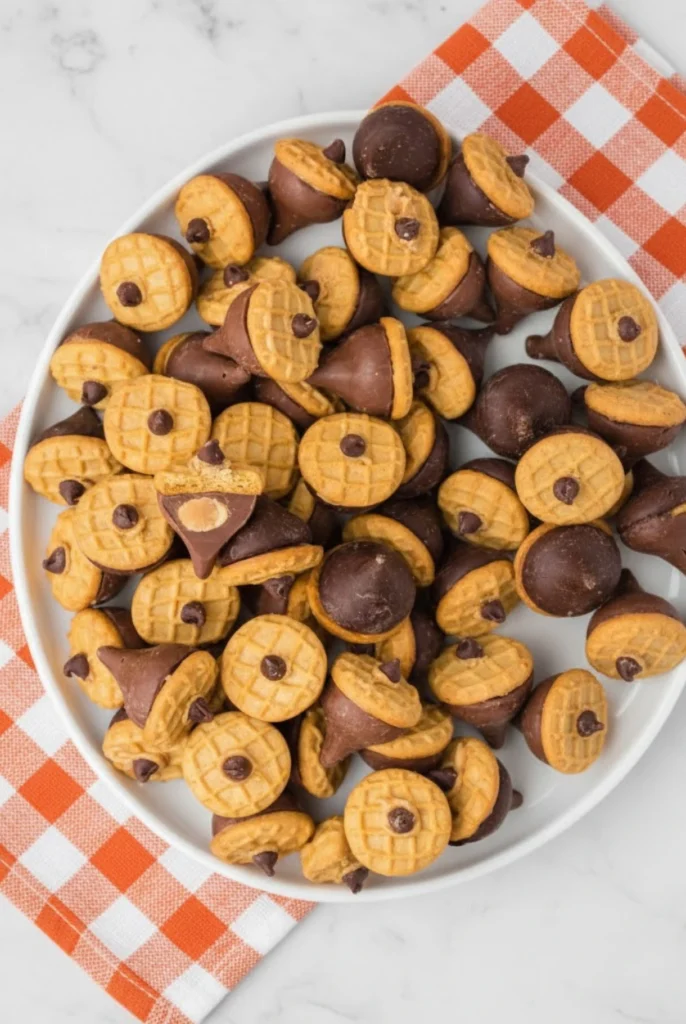 Plate of finished Kisses Acorn Treats made with Hershey’s Kisses, mini Nutter Butter cookies, and chocolate chips on an orange gingham napkin