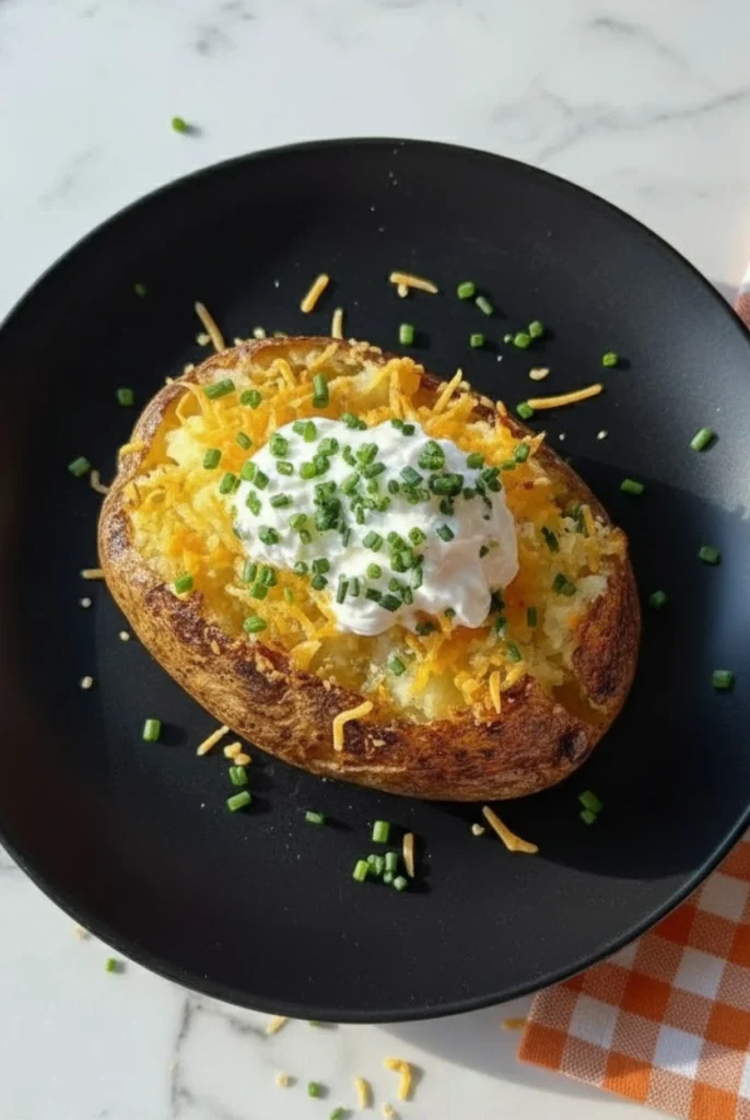 A perfectly golden air fryer baked potato served on a black plate, topped with fluffy sour cream, melted cheddar cheese, and freshly cut chives. The soft interior contrasts beautifully with the crisp skin, making it an inviting, easy-to-make side dish that looks as delicious as it tastes.