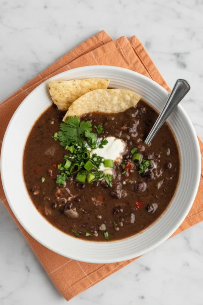 Spicy Black Bean Soup with Fresh Cilantro, Sour Cream, and Tortilla Chips