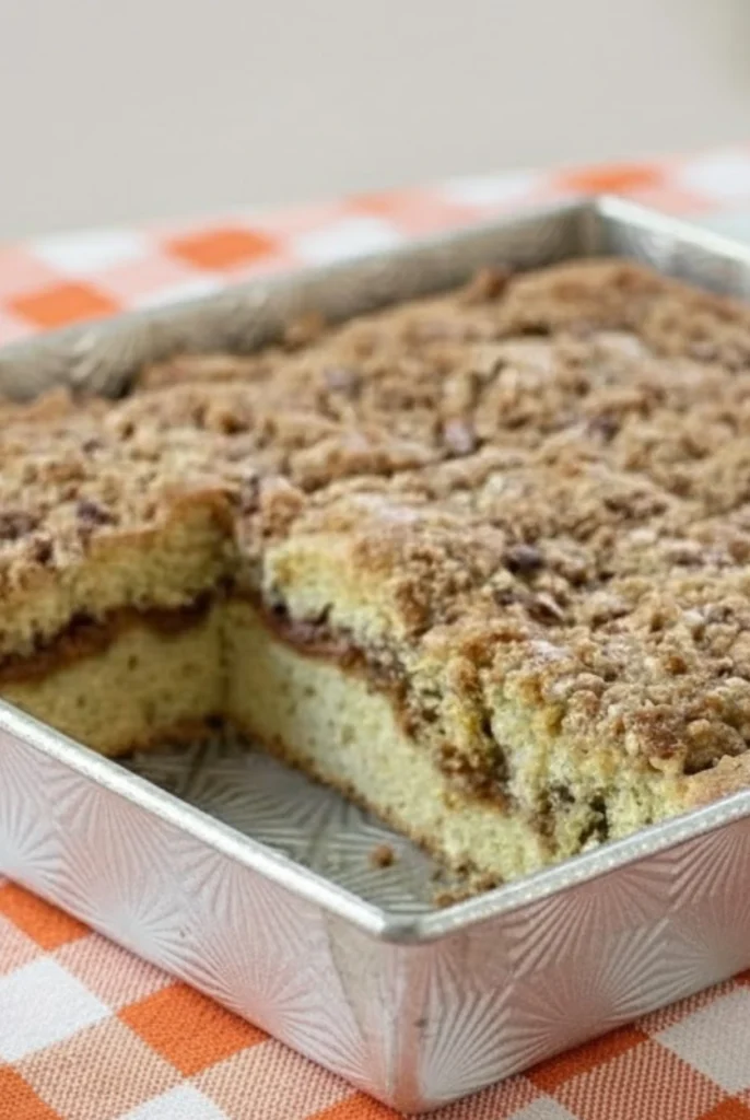 Freshly baked Pumpkin Spice Coffee Cake with pecan streusel topping in a square pan, showing a slice removed to reveal the moist pumpkin swirl inside.