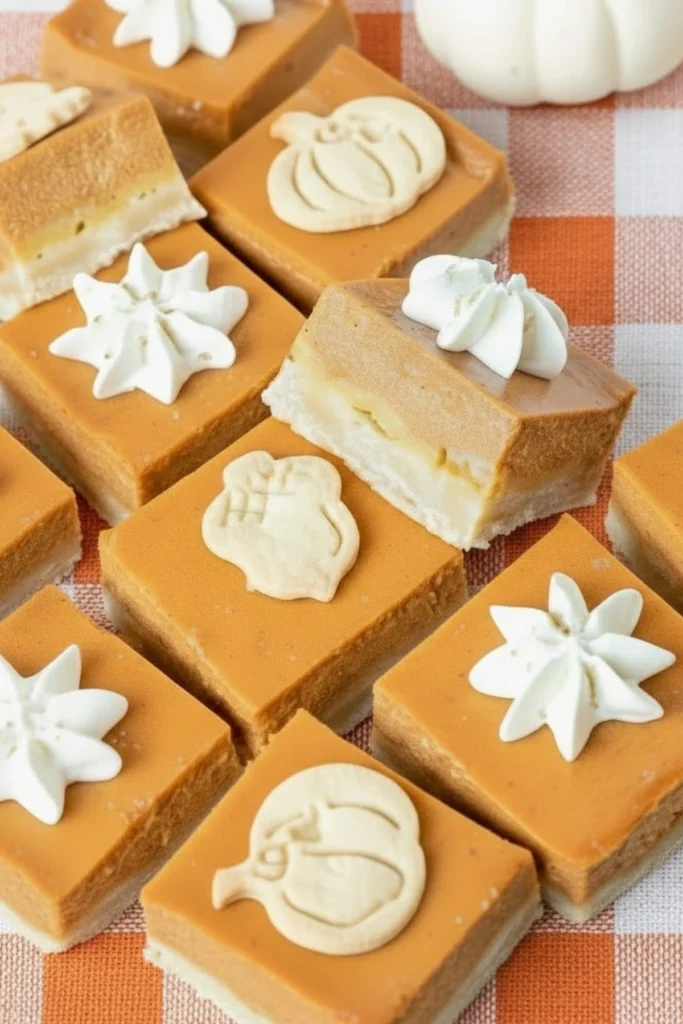Pumpkin pie bars with creamy pumpkin filling, shortbread crust, and whipped cream topping on an orange checkered cloth.