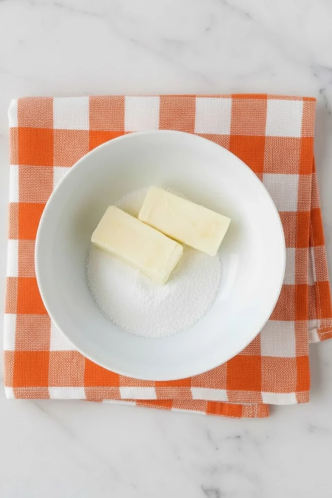 Butter and sugar in a white bowl on an orange checkered cloth, ready to make shortbread crust for pumpkin pie bars.