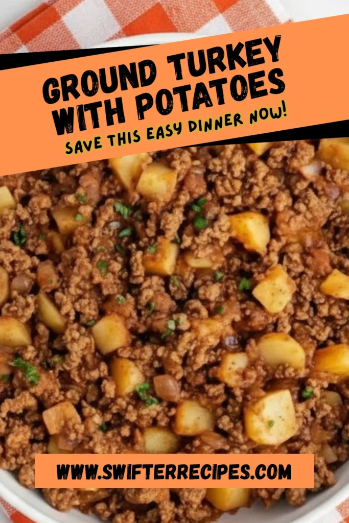 Ground turkey with potatoes in a white bowl on an orange checkered napkin, a quick and easy family dinner ready in under 45 minutes.