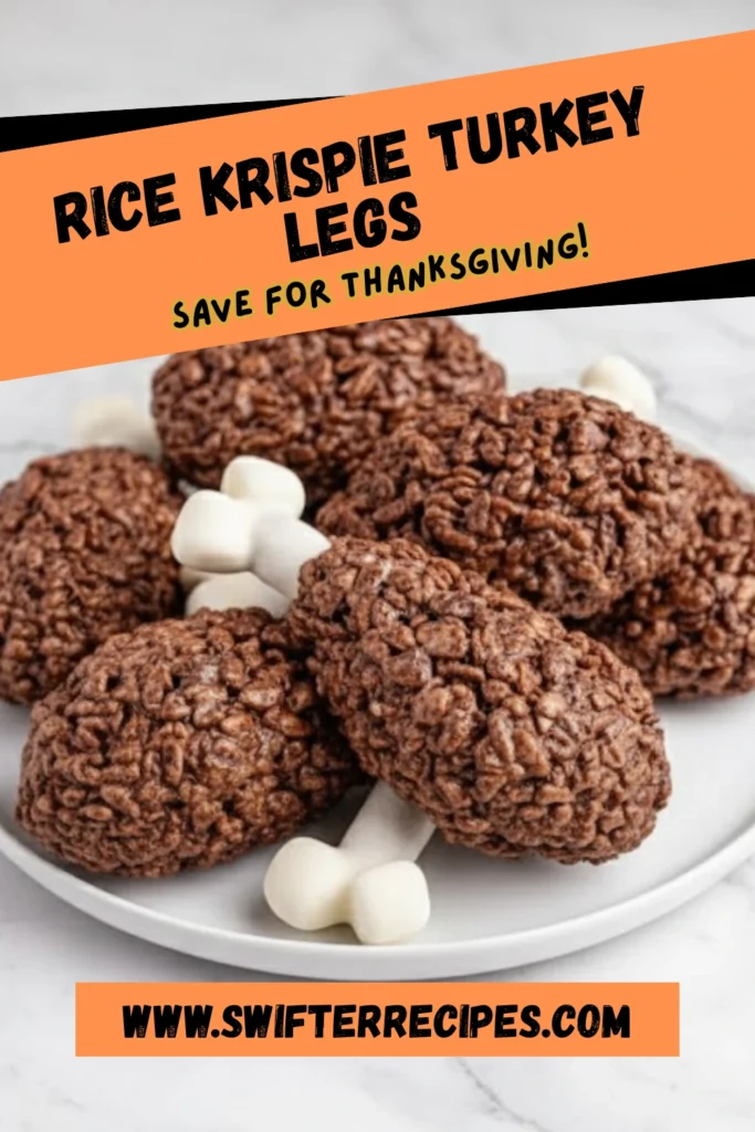 Rice Krispie Turkey Legs on a white plate made with Cocoa Krispies, pretzels, and marshmallows, a fun and easy Thanksgiving dessert idea.
