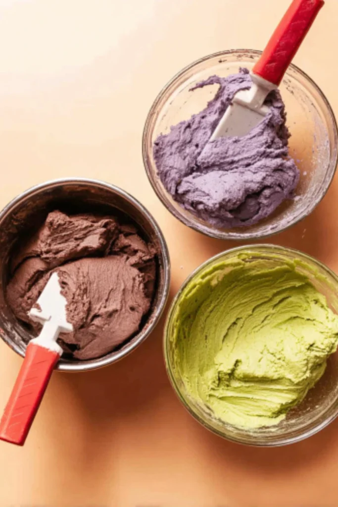 Colorful vegan Halloween cookie dough in matcha green, cocoa brown, and ube purple
