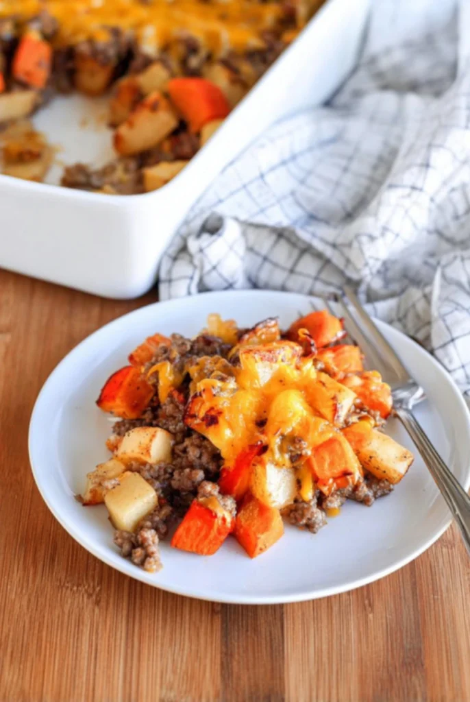 Sausage, Apple & Sweet Potato Bake with cheddar cheese, served on a white plate
