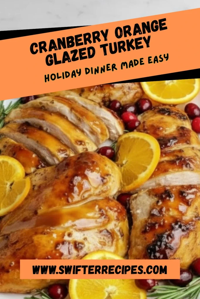 Cranberry Orange Glazed Turkey graphic with sliced golden turkey, oranges, cranberries, and text overlay reading “Holiday Dinner Made Easy.”