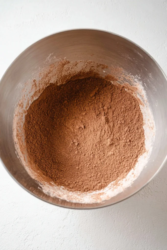 Close-up of a mixing bowl filled with dry ingredients for chocolate cupcakes, including cocoa powder and flour, ready to be combined.