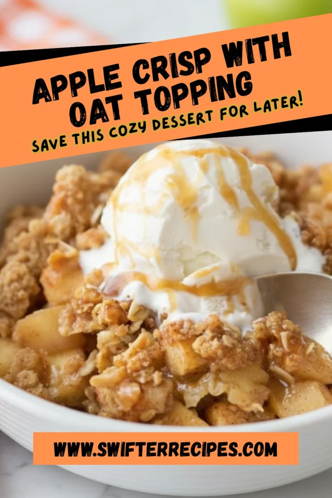 Old fashioned easy apple crisp with oat topping served warm with vanilla ice cream and caramel drizzle in a white bowl