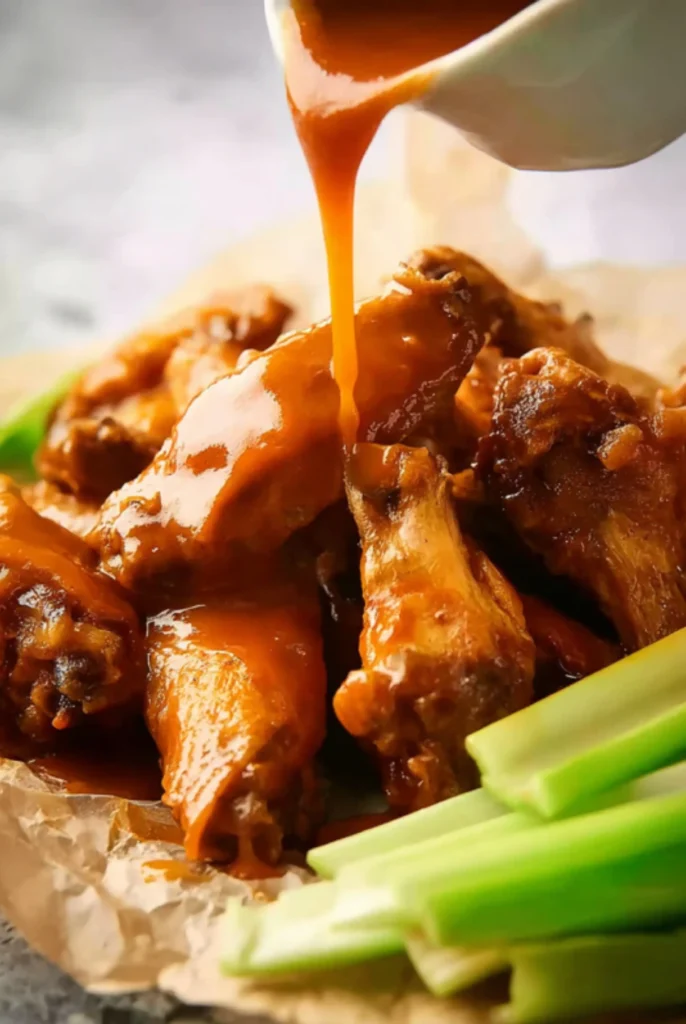 Drizzling Buffalo Sauce Over Crispy Baked Wings