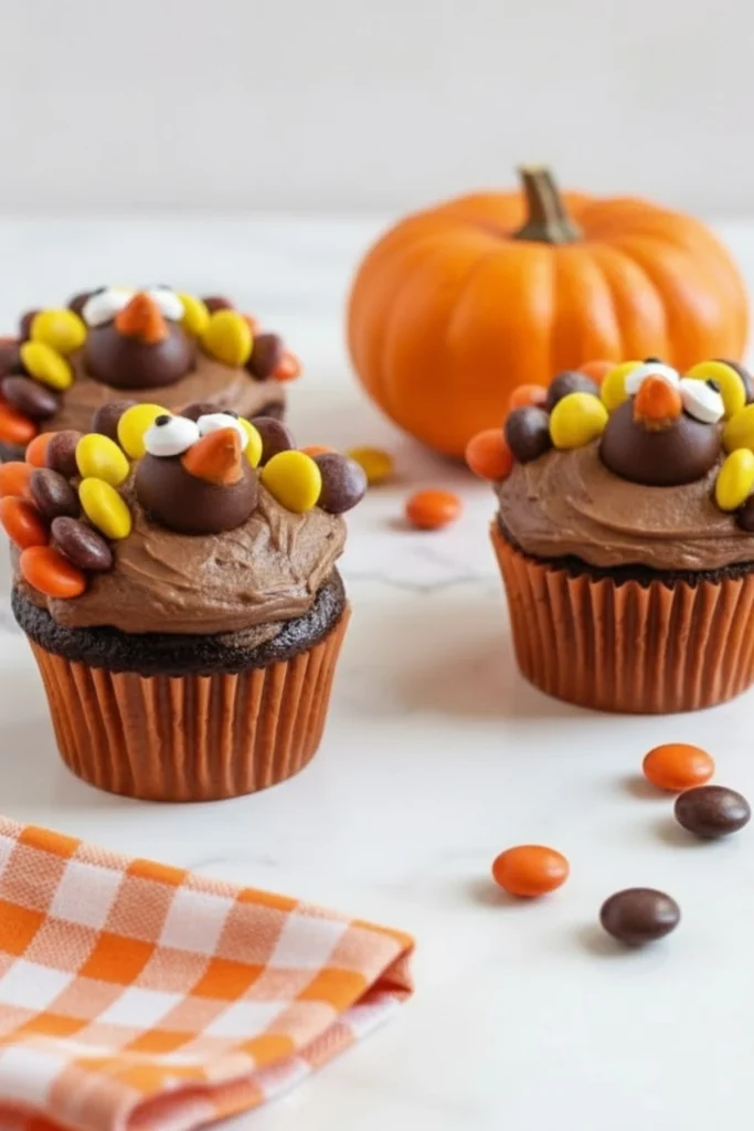 Thanksgiving Turkey Cupcakes with Reese’s Pieces Feathers and Pumpkin