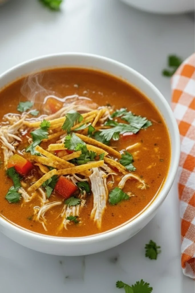 Roasted Pepper and Chicken Tortilla Soup with Crispy Tortilla Strips and Cilantro
