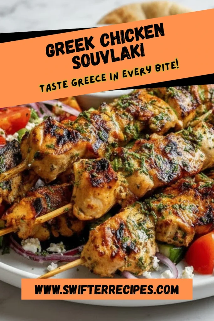 Grilled Greek Chicken Souvlaki skewers served with pita bread, tzatziki sauce, and fresh salad, with the text Taste Greece in Every Bite
