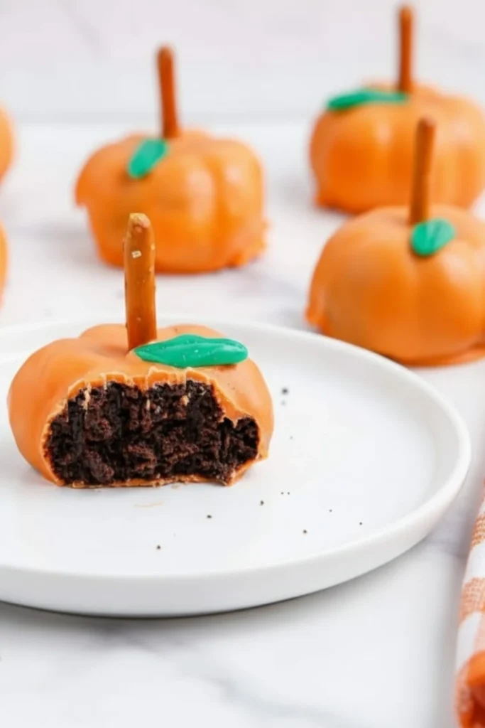 Pumpkin-shaped Oreo ball dessert with a bite taken out, showing a rich chocolate Oreo filling inside orange candy coating, topped with a pretzel stick stem and green candy leaf.