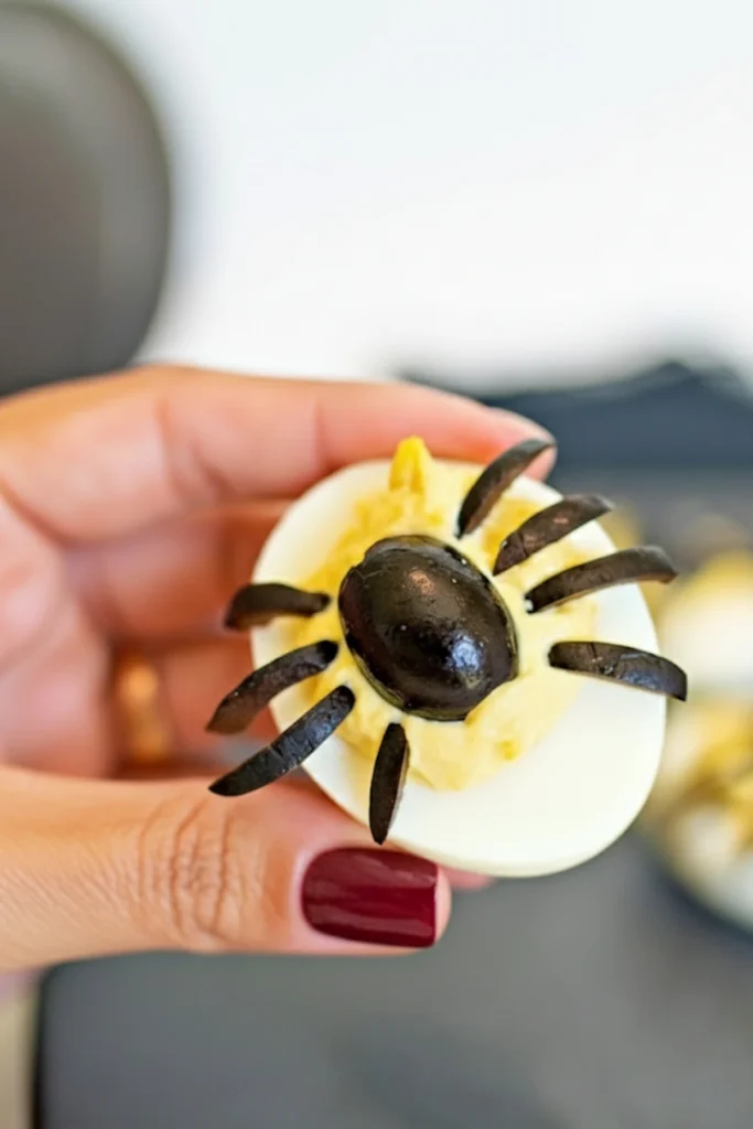 Hand holding a Keto Halloween Deviled Egg decorated with black olive spider, perfect spooky Halloween appetizer.