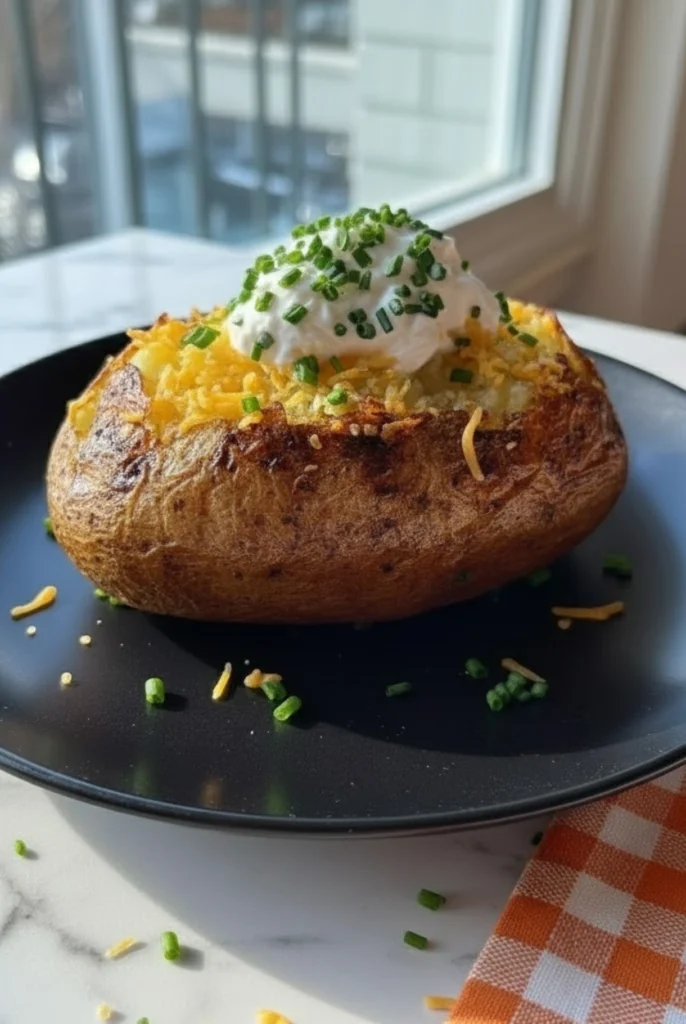 Air fryer baked potato with crispy golden skin topped with sour cream, shredded cheese, and chopped chives on a black plate by a window.