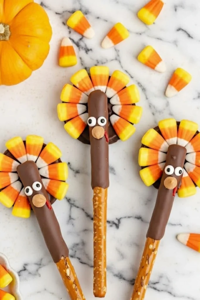 Chocolate dipped pretzel rods decorated as Thanksgiving turkeys with candy corn feathers