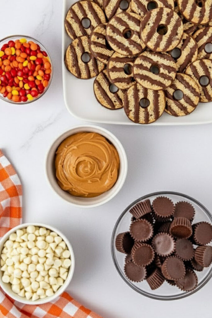 Ingredients for Pilgrim Hat Cookies including fudge-striped cookies, peanut butter, mini peanut butter cups, white chocolate chips, and fall-colored M&Ms.