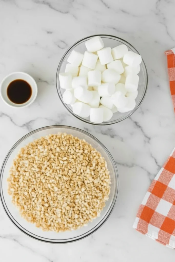 Ingredients for Thanksgiving Rice Krispies treats with marshmallows, vanilla extract, and crispy rice cereal on marble countertop