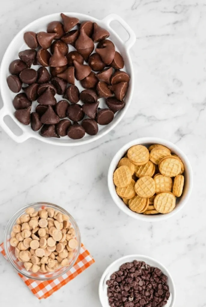 Ingredients for Kisses Acorn Treats including Hershey’s Kisses, mini Nutter Butter cookies, peanut butter chips, and chocolate chips arranged on a marble surface