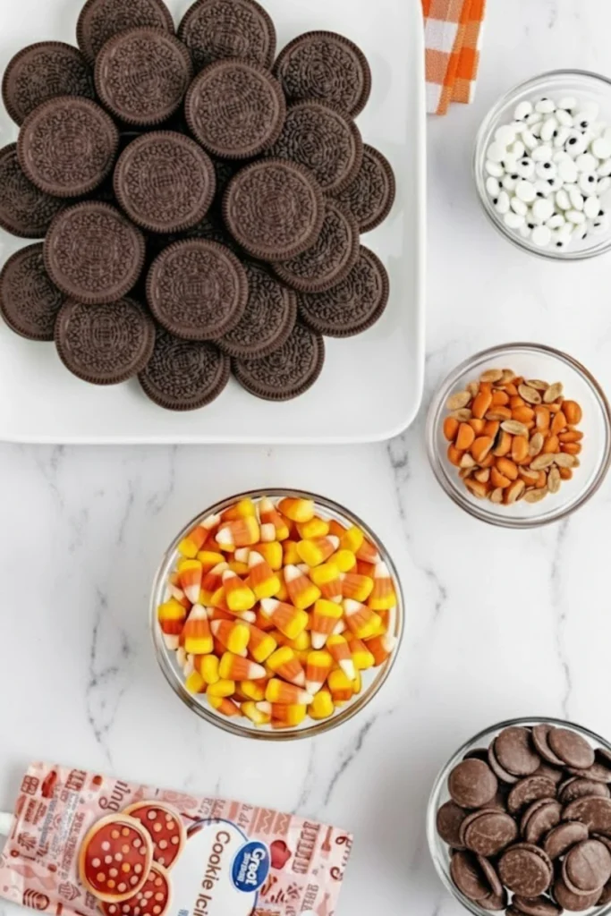 Ingredients for Oreo Turkey Cookies including Oreos, candy corn, candy eyes, Reeseās Pieces, melting chocolate, and red cookie icing on marble surface.