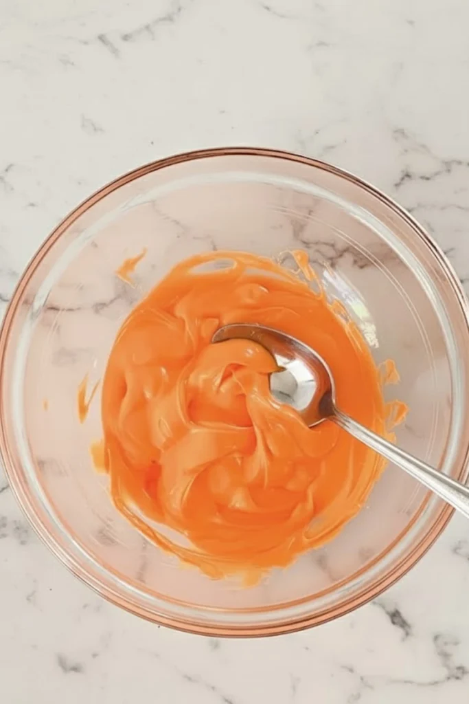 Melted orange candy melts in a glass bowl with a spoon, ready for dipping pretzels to make festive Pumpkin Pretzels for Halloween treats.